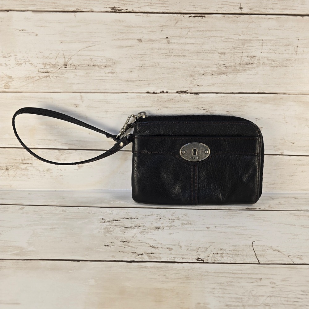Fossil Black Leather Wristlet Wallet Keyhole‎ Logo Zip Around Clutch Bag